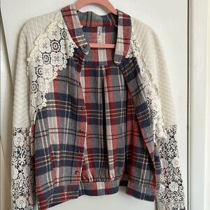 Free People Plaid and Lace Jacket - Red, Blue, White